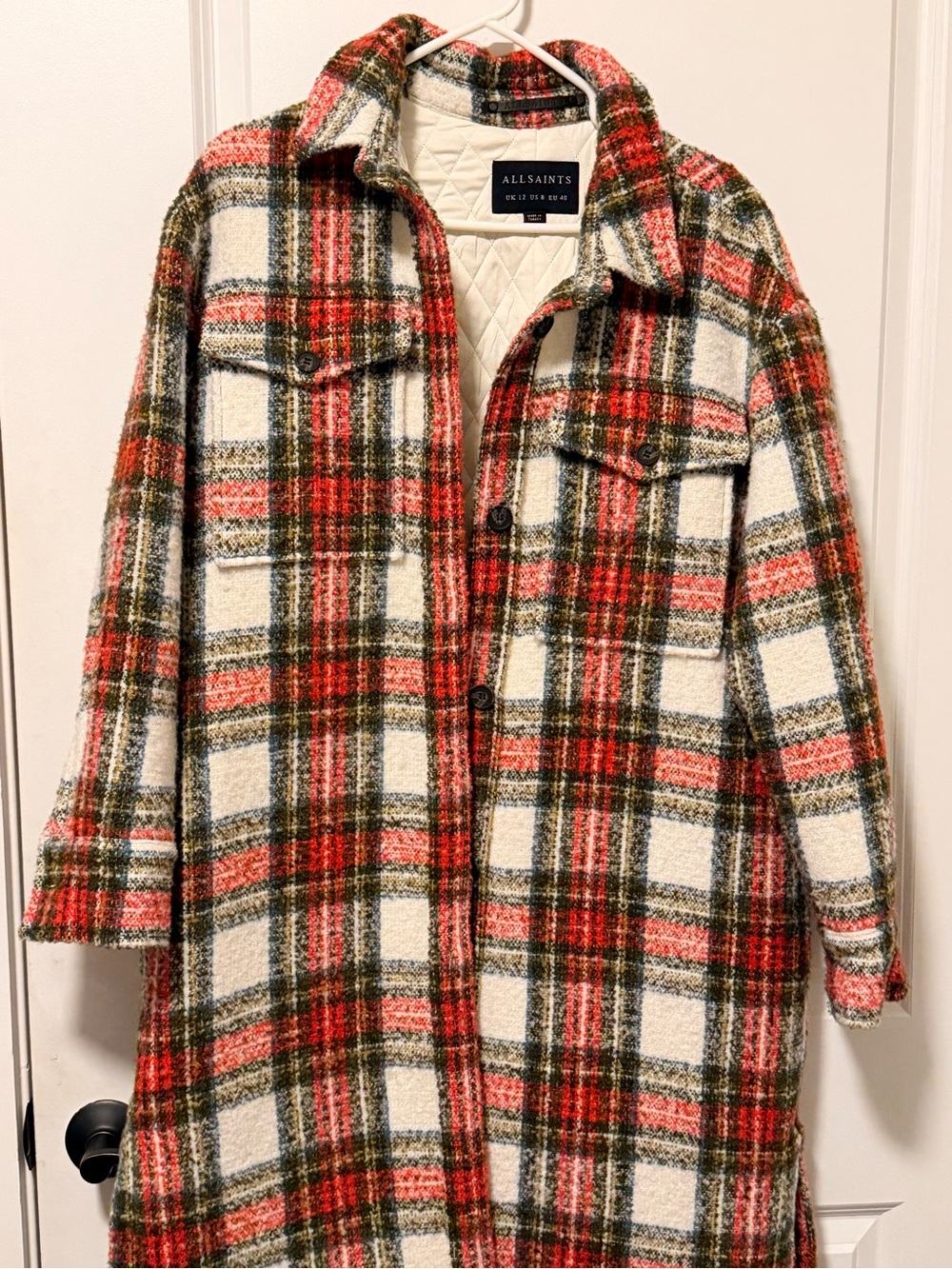 AllSaints Cream, Red & Green Plaid Wool Coat
